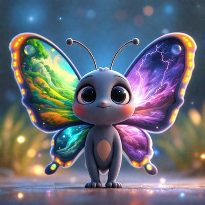The primary subject of the image is a colorful butterfly, which is depicted in a digital art style. The butterfly is standing on a path, surrounded by a lush green field. The setting includes a sky background, adding to the overall atmosphere of the scene. The colors in the image are vibrant and lively, creating a cheerful and playful mood.